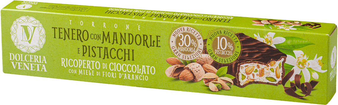 Torrone Tenero con Mandorle e Pistacchi Ricoperto di Cioccolato 150g DOLCIARIA STOCCO